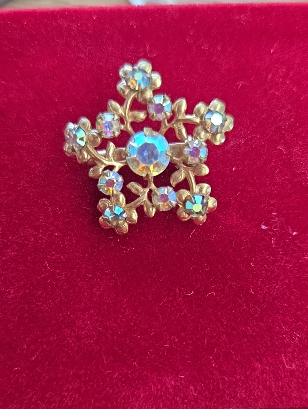 Gold-Tone Flower Star Pin with Aurora Borealis Crystals